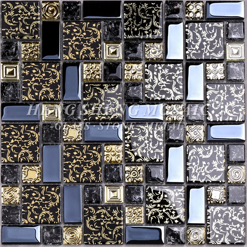HDT02 Arabesque New Design Linea d'oro Laminato Black Glass Art Flower Mosaic Pattern Piastrelle per cucina Backsplash Wall
